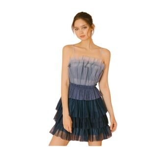 Storia Blue Ombre‎ Colorblock Tulle Ruffle Layered Mini Dress Size Small